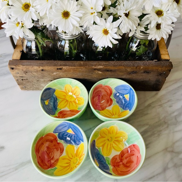 Bob Mackie•(4) Ceramic Soup/Cereal Bowls•HAND-PAINTED•Green Stripes and Flowers - Picture 4 of 14